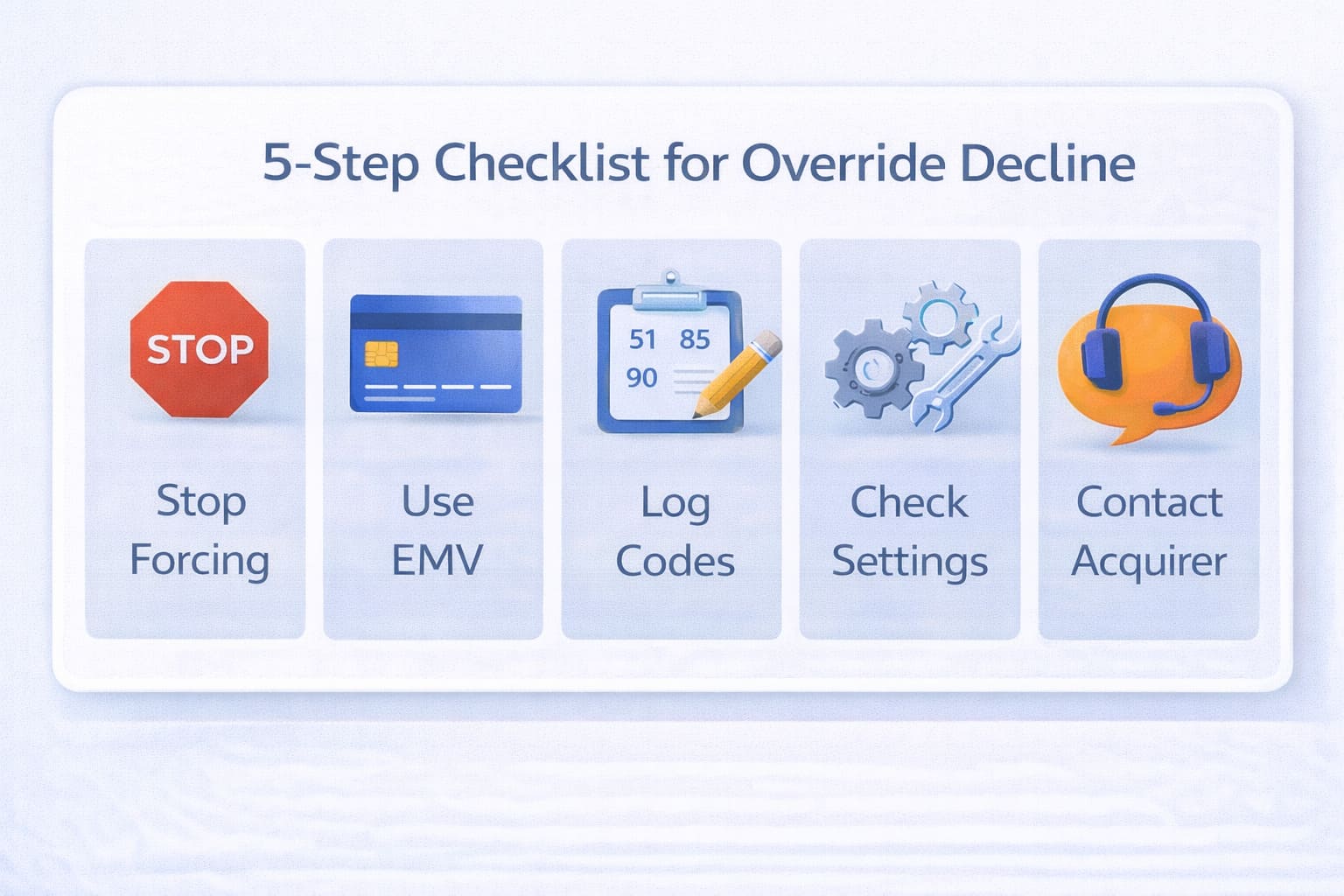 Merchant Override Decline: What It Means and How to Fix It 1 Checklist for Override Decline errors: stop forcing, use EMV, log codes, check settings, contact acquirer